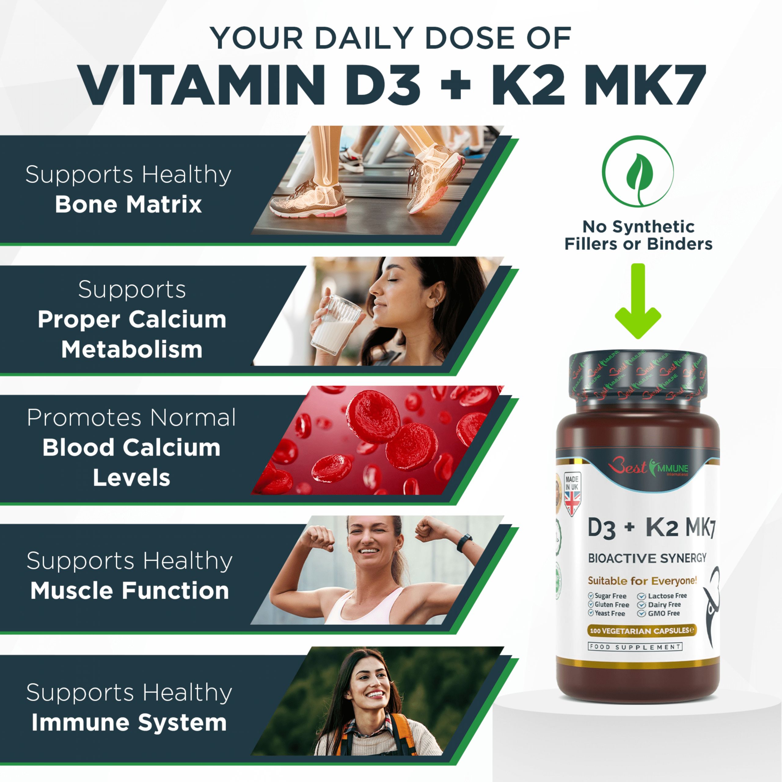 Flacone di capsule. Scritta: Vitamina D3 e K2 MK7. Marchio: Best Immune. Illustrazioni: stile di vita sano.