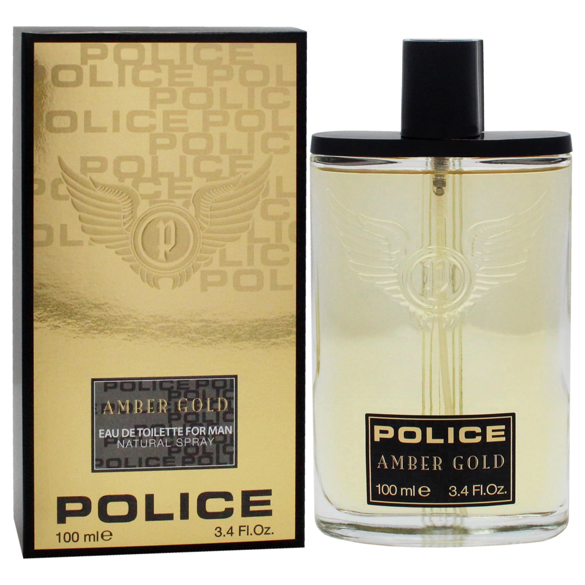 Flacone e confezione di eau de toilette da uomo. Confezione dorata con logo e scritta. Flacone con tappo nero.