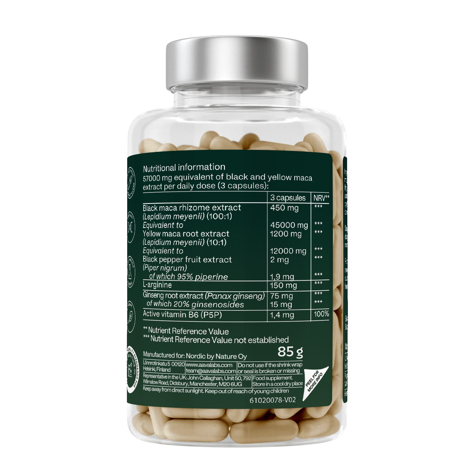 Retro del flacone di capsule. Etichetta verde con testo. Informazioni nutrizionali per 3 capsule.