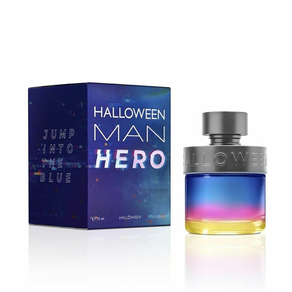 Flacone con sfumatura di colore e confezione blu. Scritta: HALLOWEEN MAN HERO et 75 Vap.