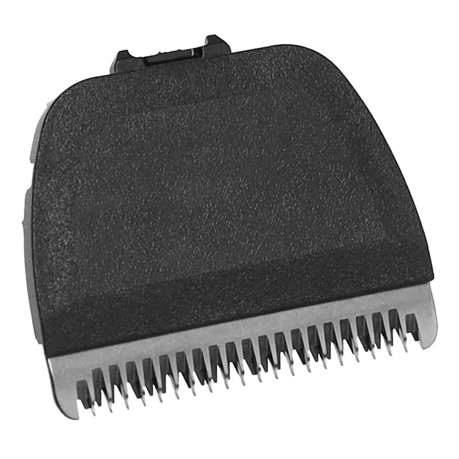 Testina di rifinitura nera con lame metalliche. Parte superiore in plastica, inferiore con denti fini. Per depilazione maschile.