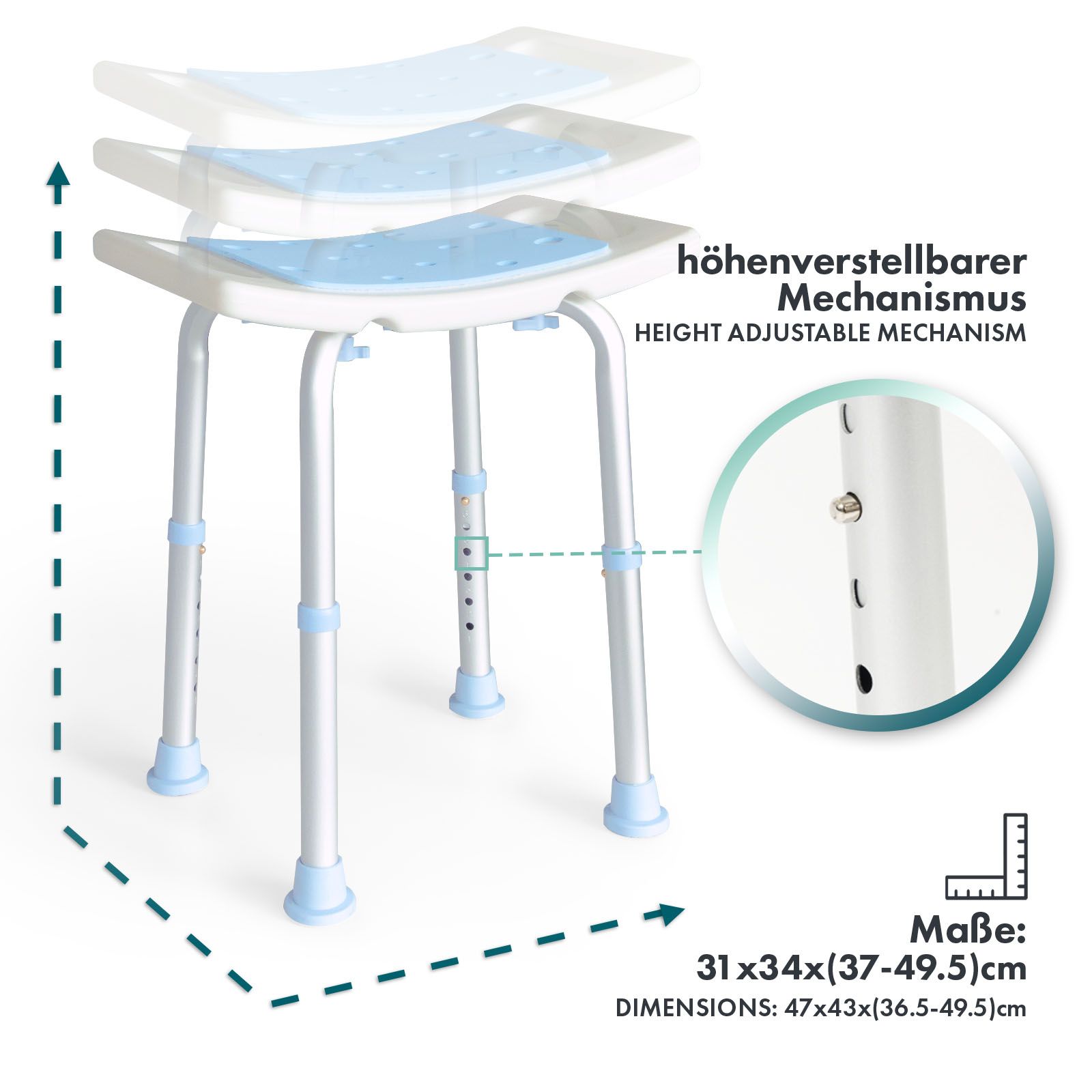 Sgabello da doccia blu. Meccanismo regolabile in altezza. Dimensioni: 31x34x(37-49.5)cm.