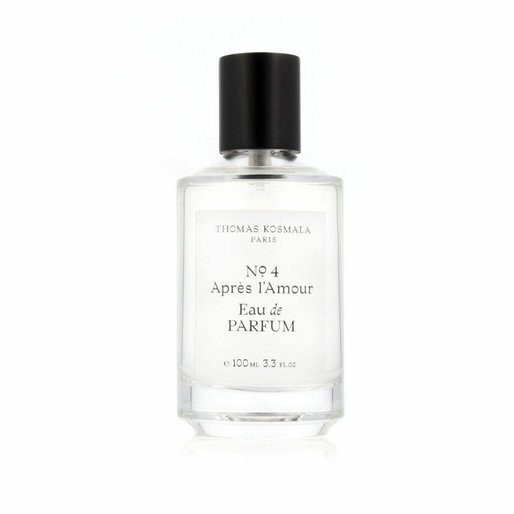 Flacone di profumo con tappo nero ed etichetta bianca. Testo: Thomas Kosmala, Nr. 4, Après l'Amour, Eau de Parfum. Flacone in vetro.