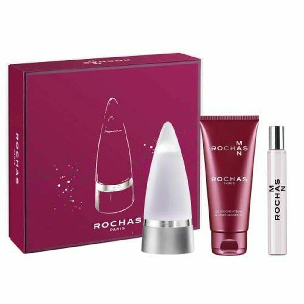 Set di tre articoli in una scatola rossa. Contiene flacone, vaporizzatore e gel doccia. Testo: Rochas Man.
