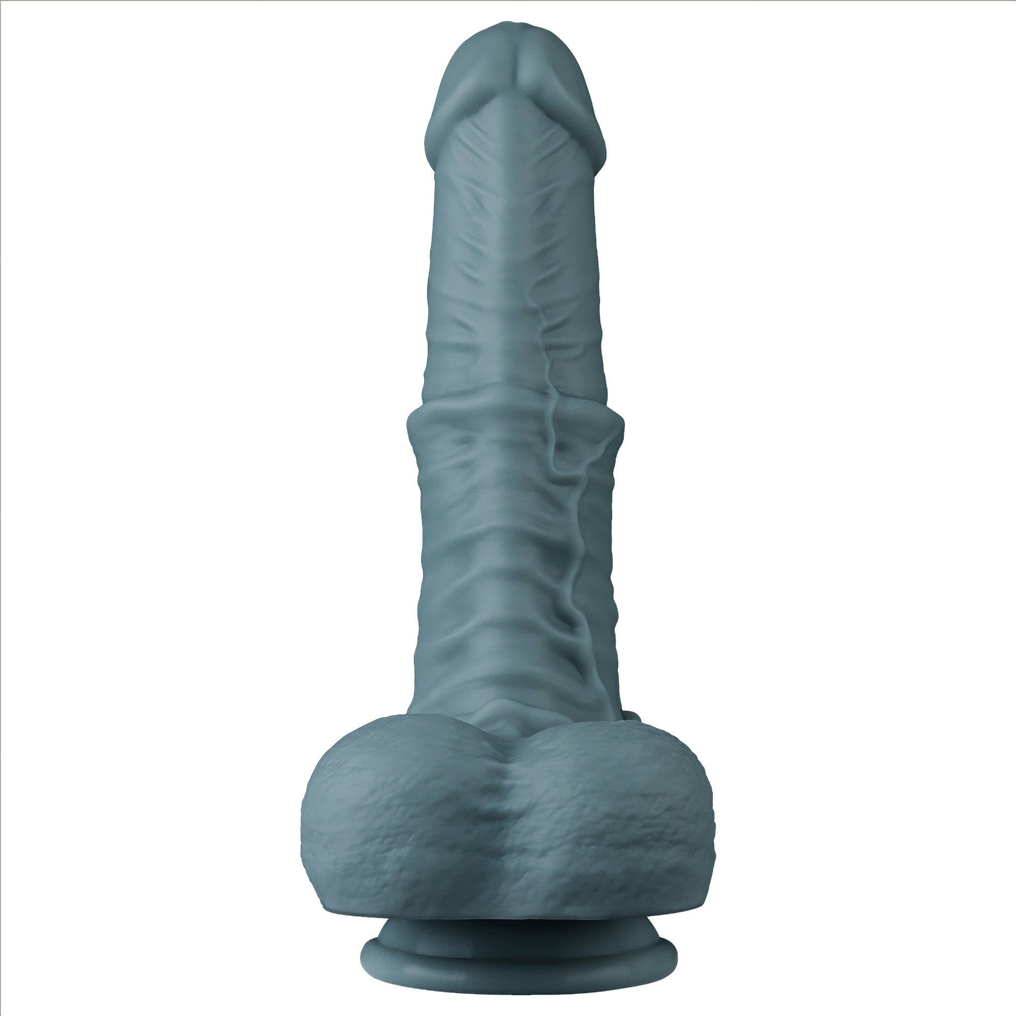 Dildo grigio realistico, superficie strutturata, base. Forma dettagliata.
