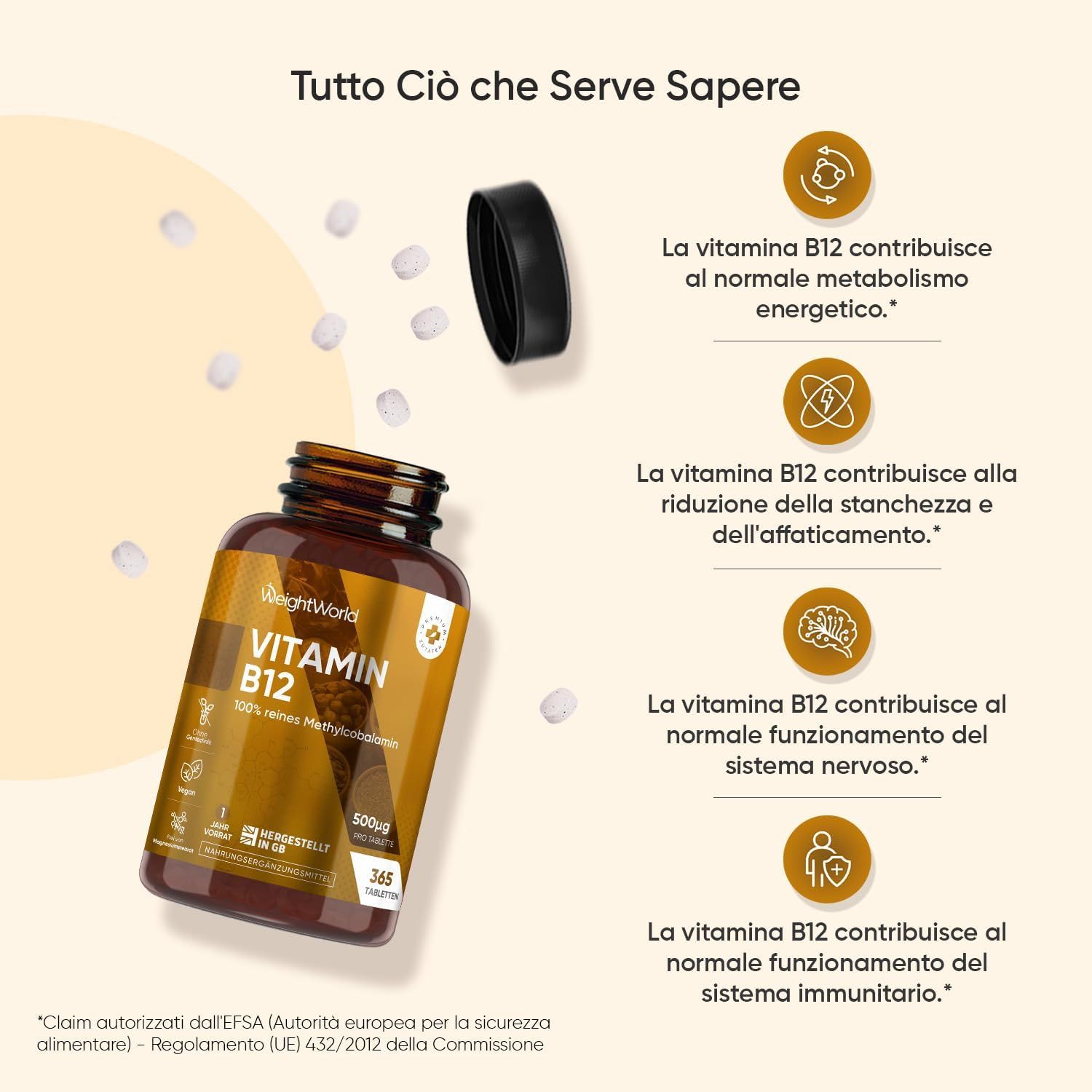 Flacone marrone di compresse di vitamina B12. Testo: WeightWorld, Vitamin B12, 500µg, 365 compresse. Informazioni sui benefici della B12.