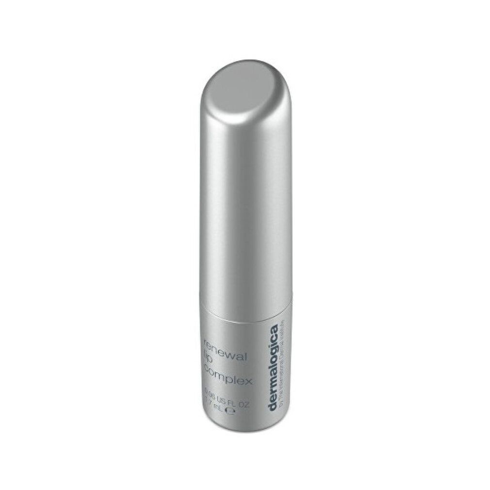 Balsamo labbra argentato con cappuccio arrotondato. Scritta: renewal lip complex, AGE smart, Dermalogica.