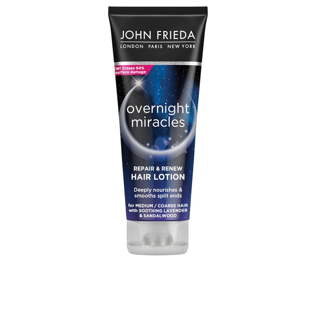 Tubo di lozione per capelli. Tappo nero, testo bianco. Nome prodotto: overnight miracles. Testo: Repair & Renew Hair Lotion. Per capelli medi/spessi.
