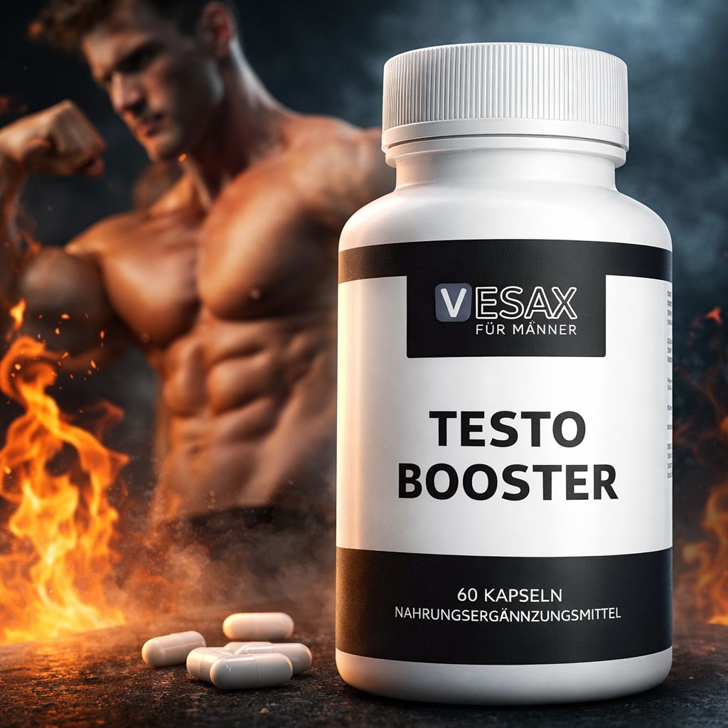 Barattolo di capsule Vesax Testo Booster con uomo muscoloso e fiamme.