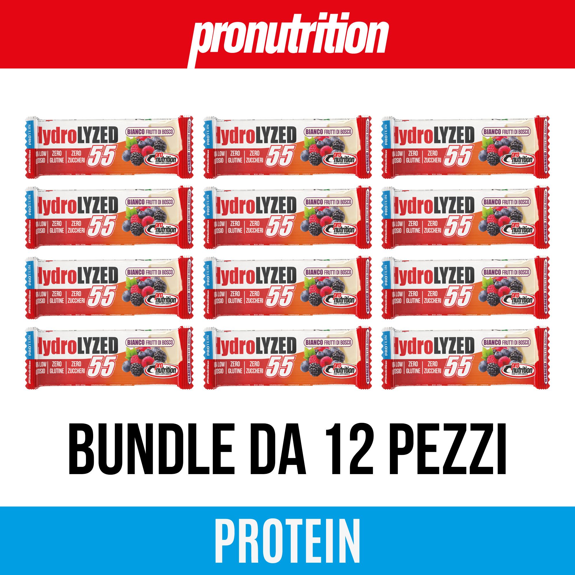 12 barrette proteiche. Scritta: Hydrolyzed 55, Zero Zuccheri, Senza glutine/lattosio. Marchio: Pronutrition.