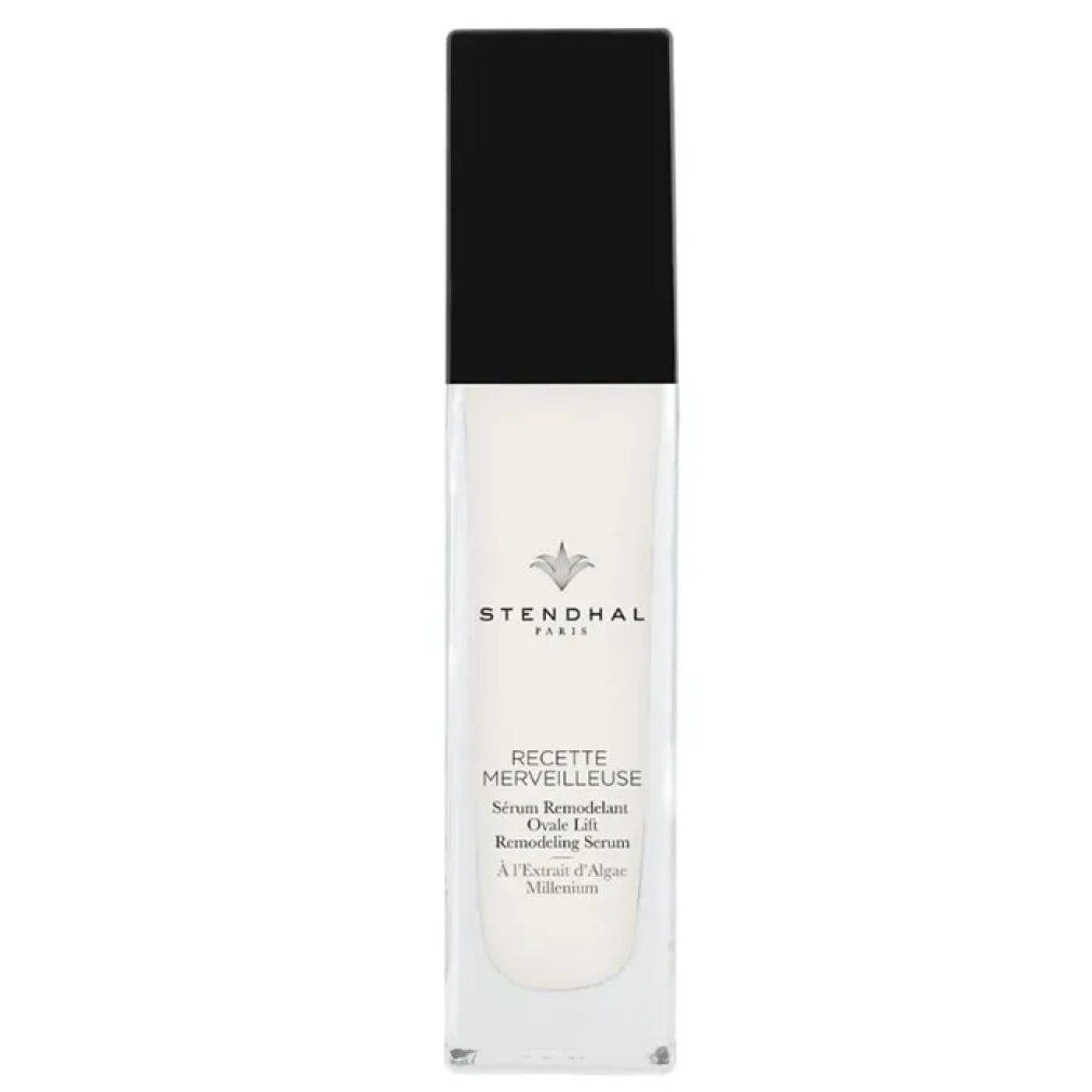 Siero cosmetico in flacone rettangolare con tappo nero. Scritta: Stendhal Paris, Recette Merveilleuse, Sérum Rimodellante Ovale Lift.