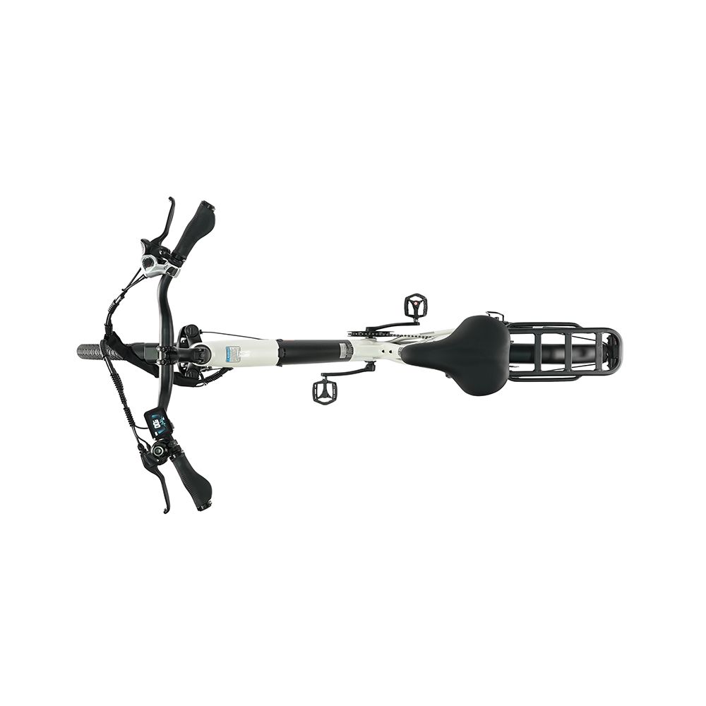 Vista dall'alto di una bicicletta elettrica bianca con pneumatici neri. Marchio visibile: TTGO.