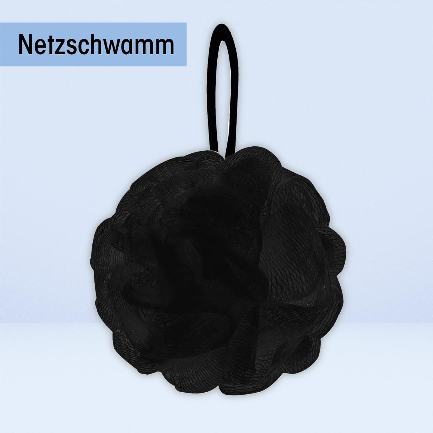 Spugna da bagno nera con anello. Forma rotonda. Materiale nero.