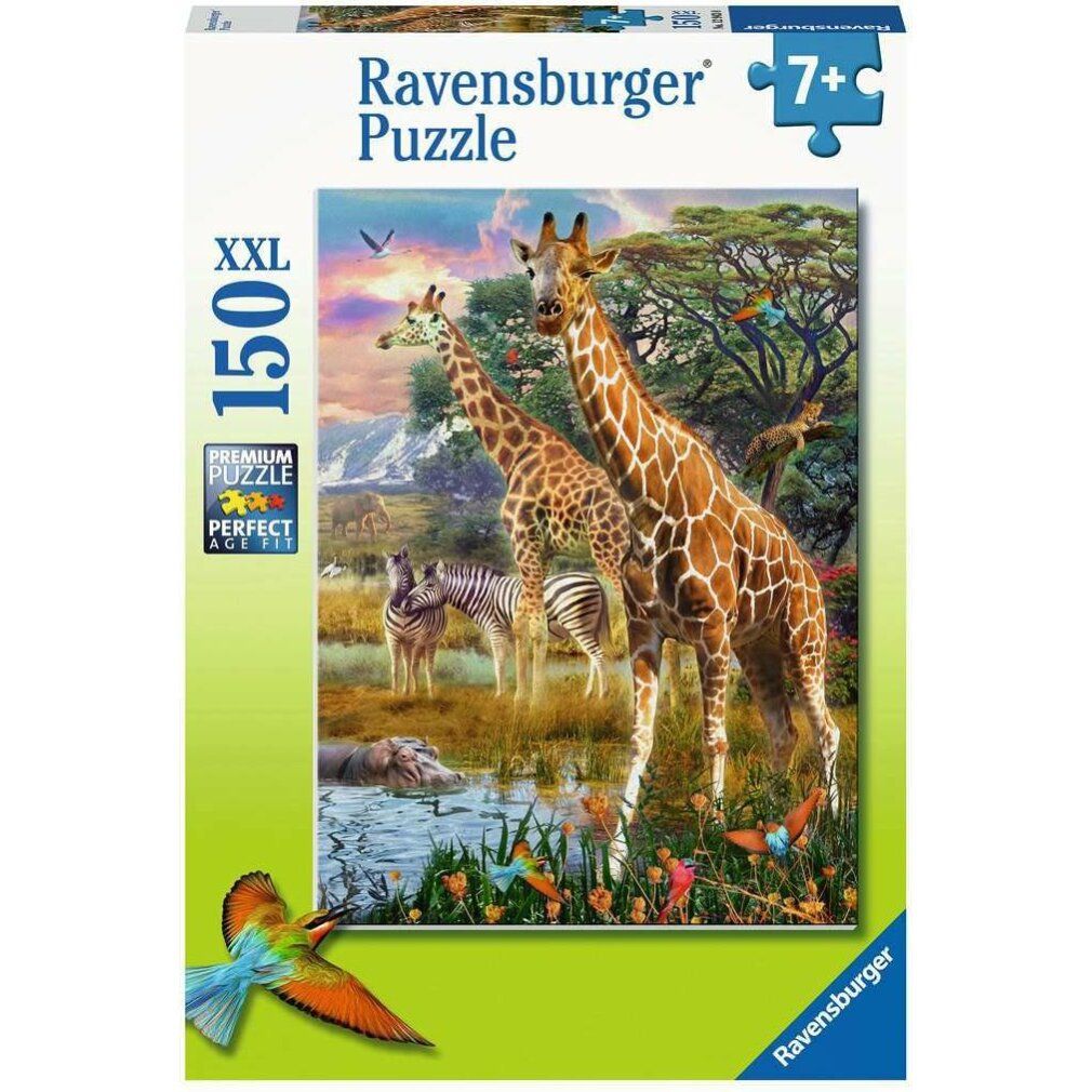 Scatola puzzle con giraffe, zebre e ippopotami. Scritta: Ravensburger Puzzle, 150 XXL, dai 7 anni.