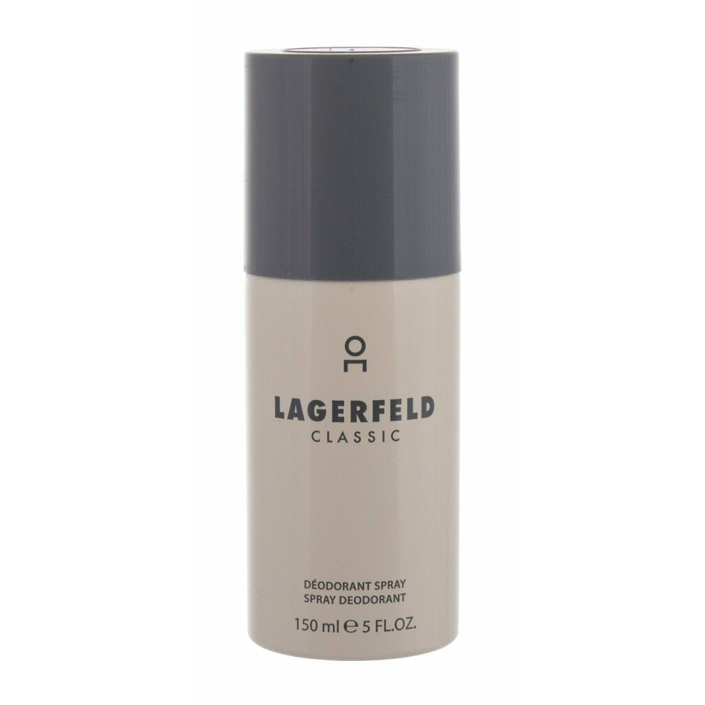 Flacone spray deodorante. Cilindro beige con tappo grigio. Scritta: LAGERFELD CLASSIC, Deodorant Spray, 150 ml e 5 FL.OZ.