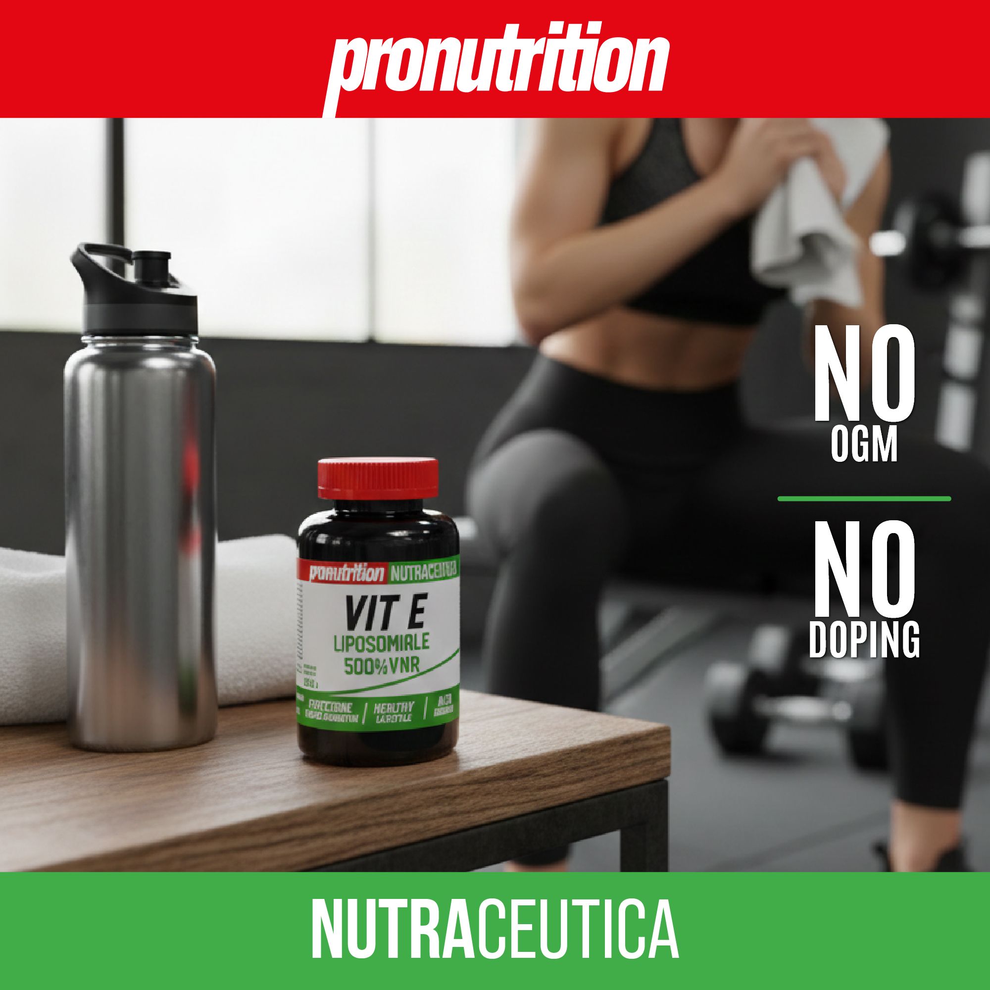 Flacone con tappo rosso. Scritta: Vit E Liposomiale 500%VNR. Accanto, una borraccia e una persona che si allena.