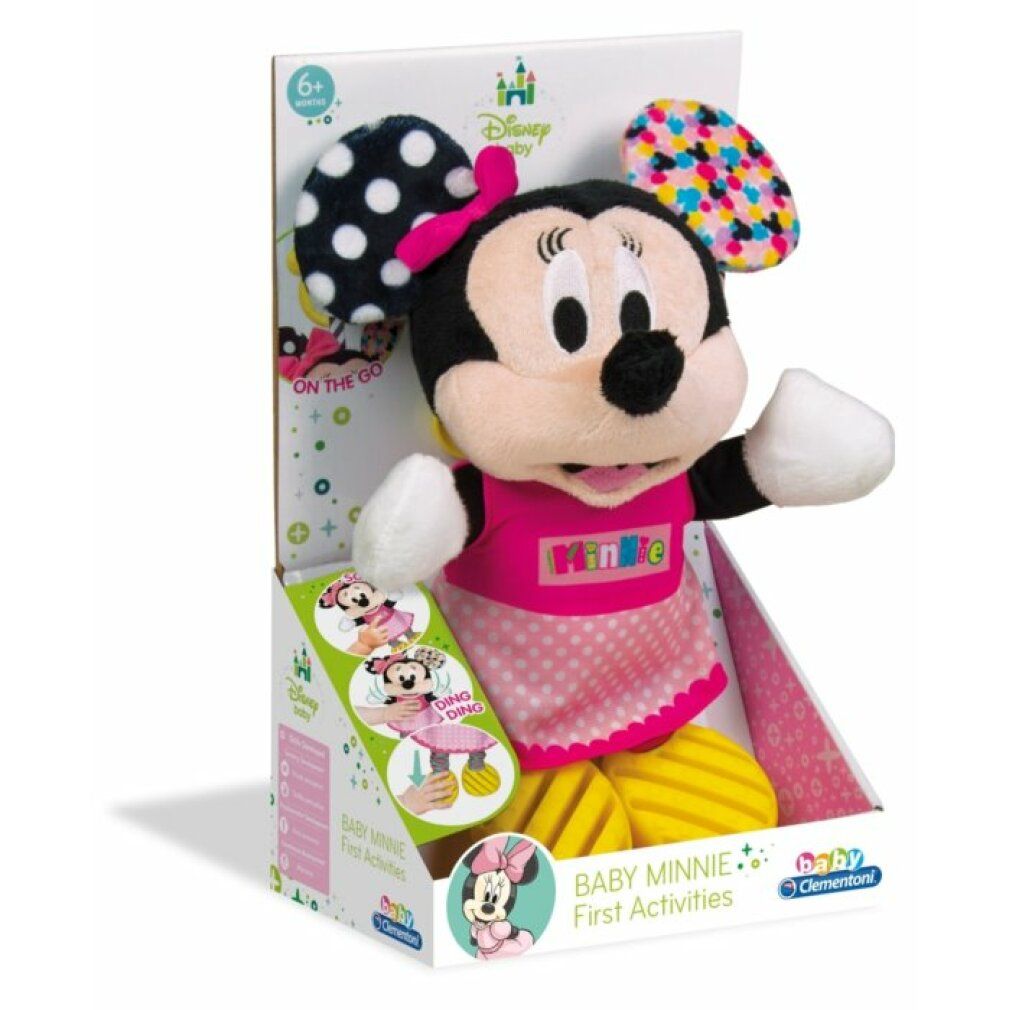 Peluche Minnie Mouse in confezione. Abito rosa, piedi gialli, orecchie a pois e motivi. Confezione con logo e testo.
