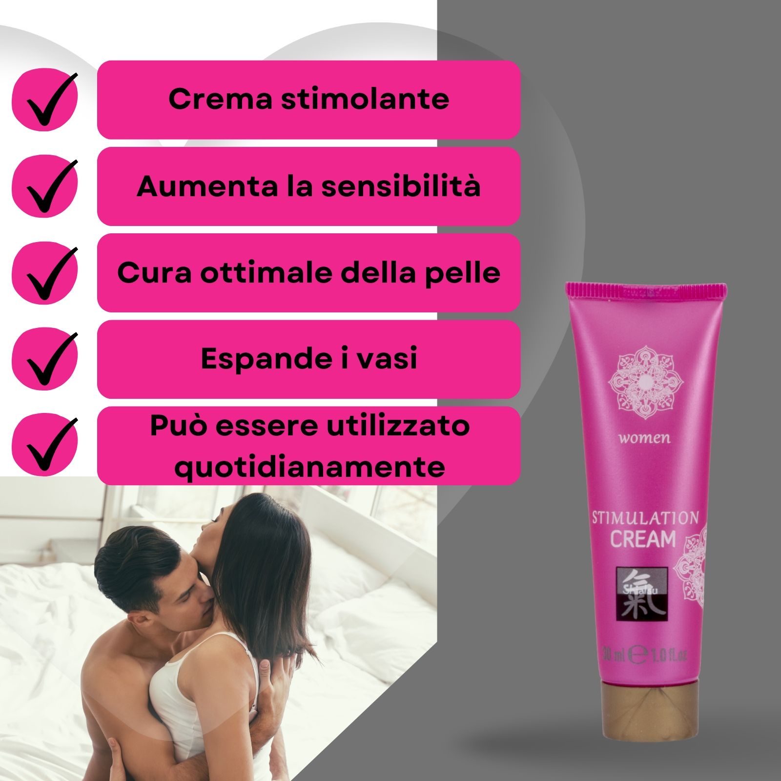 Tubo rosa e testo. Scritto: Stimulation Cream, Shiatsu. Testo: Crema stimolante, ecc.