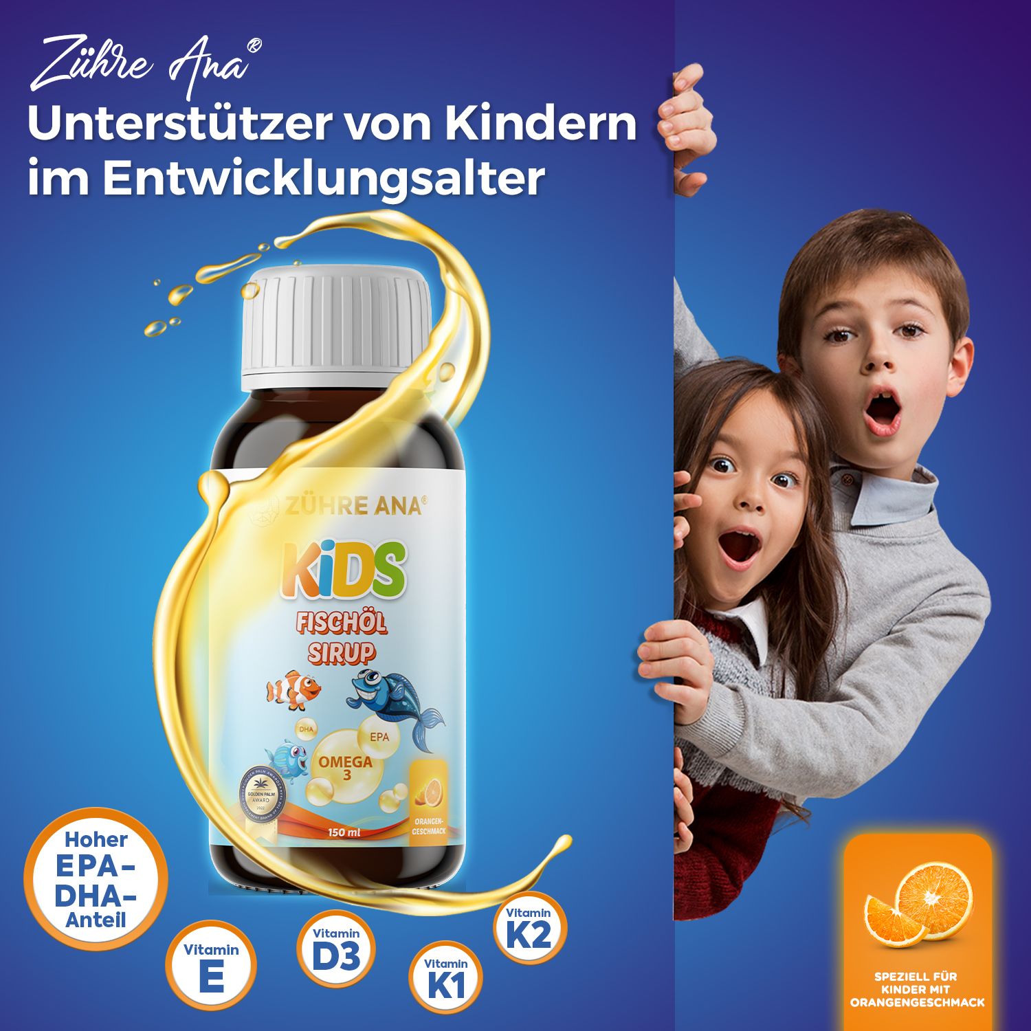Zühre Ana Kids Fischöl Sirup bottiglia con schizzi d'olio e bambini che guardano curiosi.