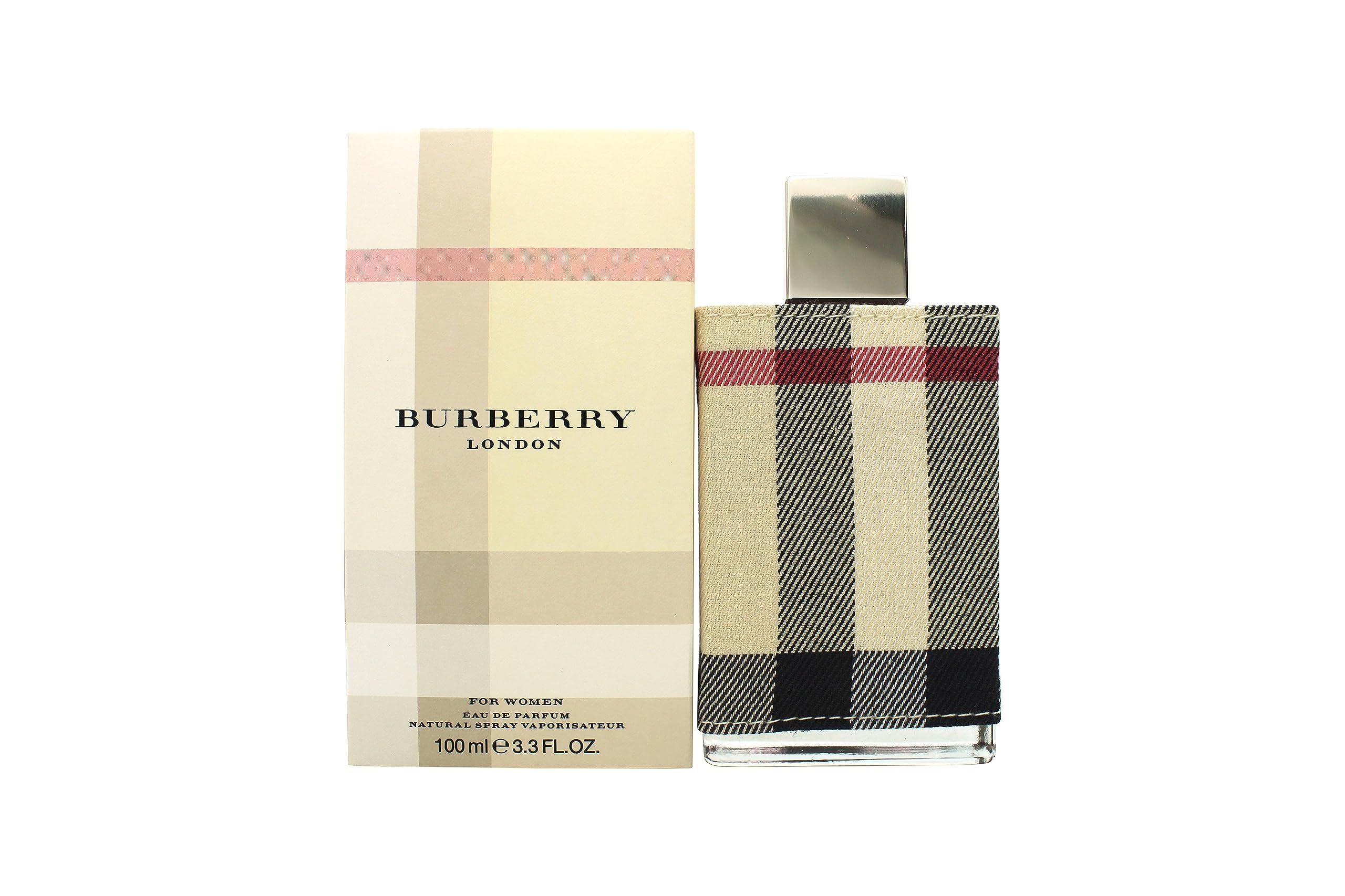 Burberry London Eau de Parfum Spray con confezione. Flacone e scatola con motivo a quadri. Testo: Burberry London.