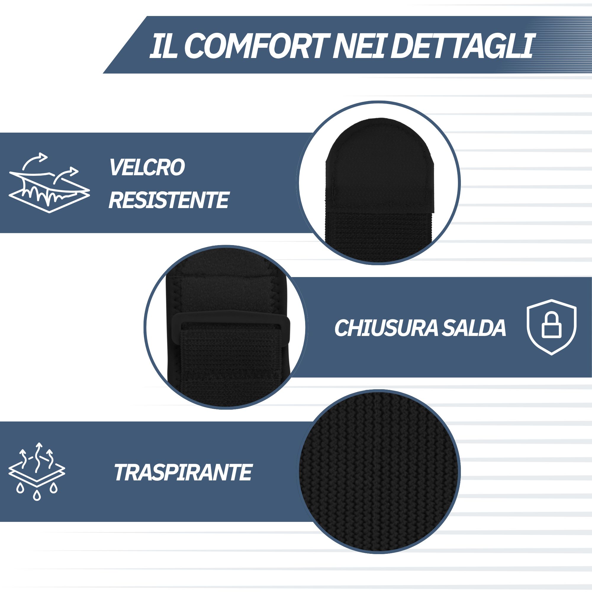Dettagli di un tutore per gomito: velcro resistente, chiusura sicura, tessuto traspirante.