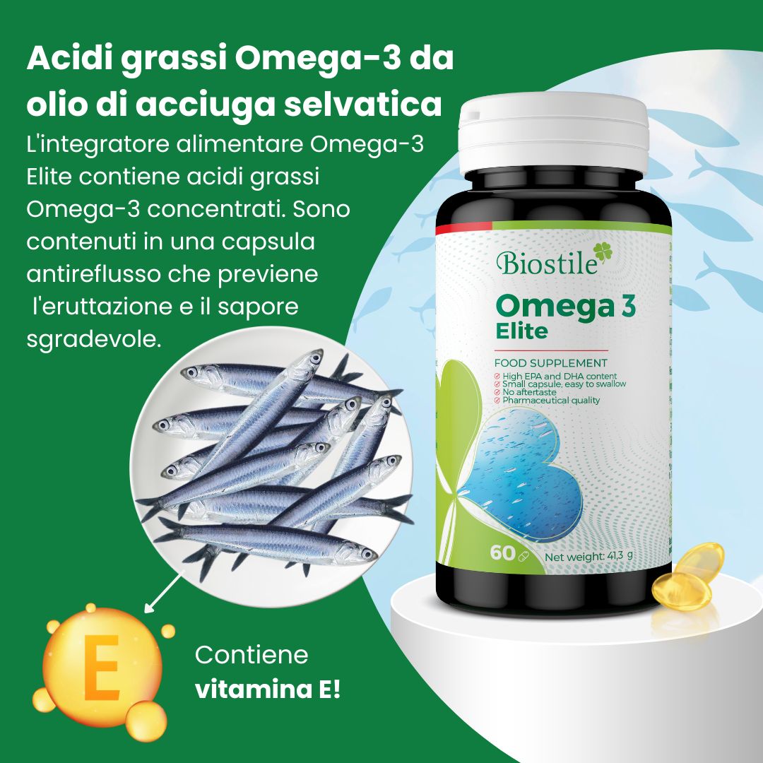 Flacone Biostile Omega 3 Elite, 60 capsule. Scritta: Omega 3 Elite, 41,3 g. Capsule di olio di pesce e vitamina E.