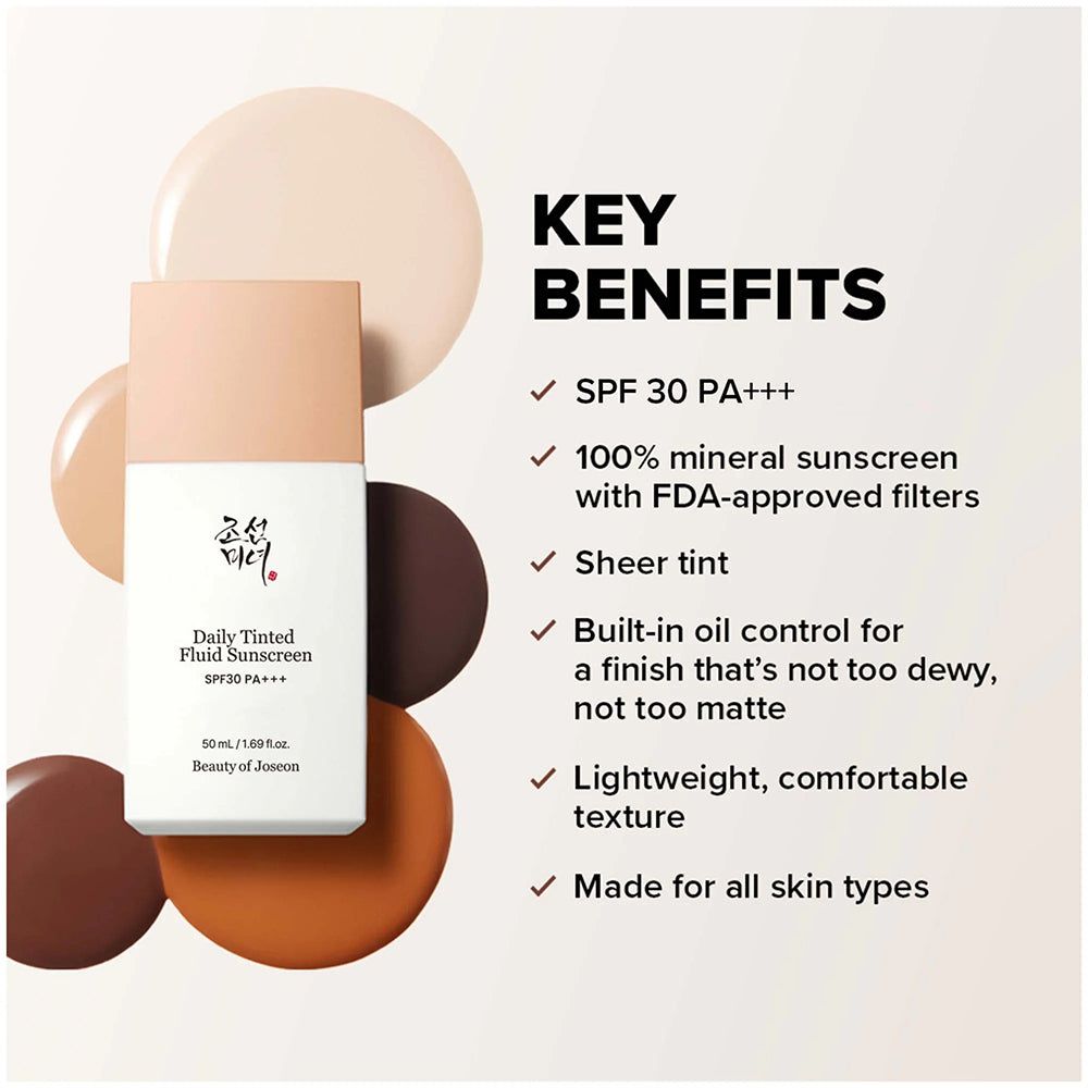 BEAUTY OF JOSEON Daily Tinted Fluid Sunscreen SPF30 PA+++, circondato da campioni di colore.