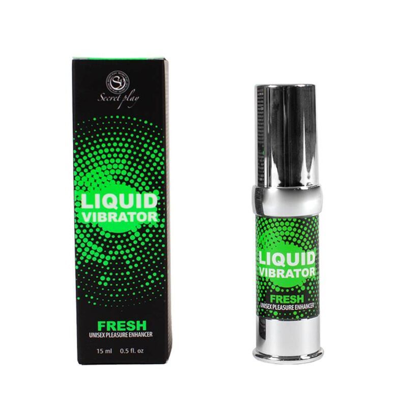 Prodotto e confezione. Scritta: LIQUID VIBRATOR FRESH. Confezione nera con design verde e prodotto accanto.