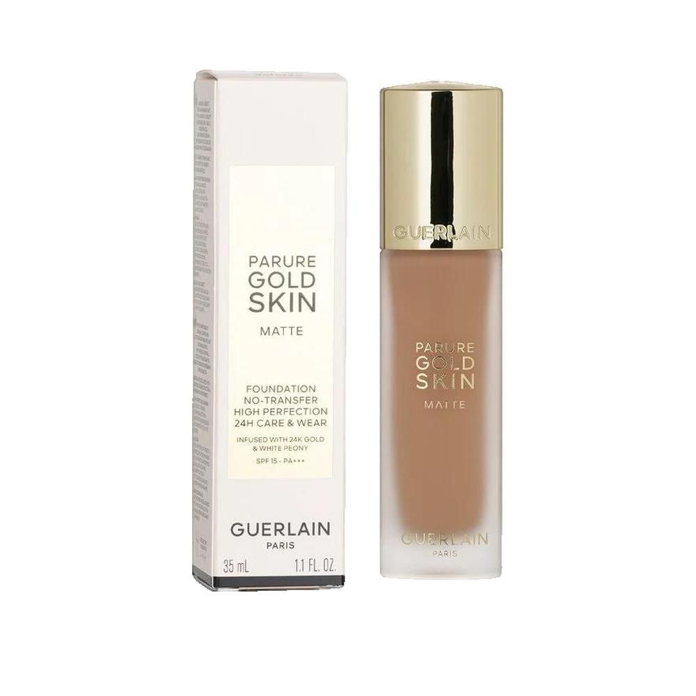 Fondotinta liquido con tappo dorato e scatola. Scritta: Parure Gold Skin Matte, Guerlain Paris, 35 ml.