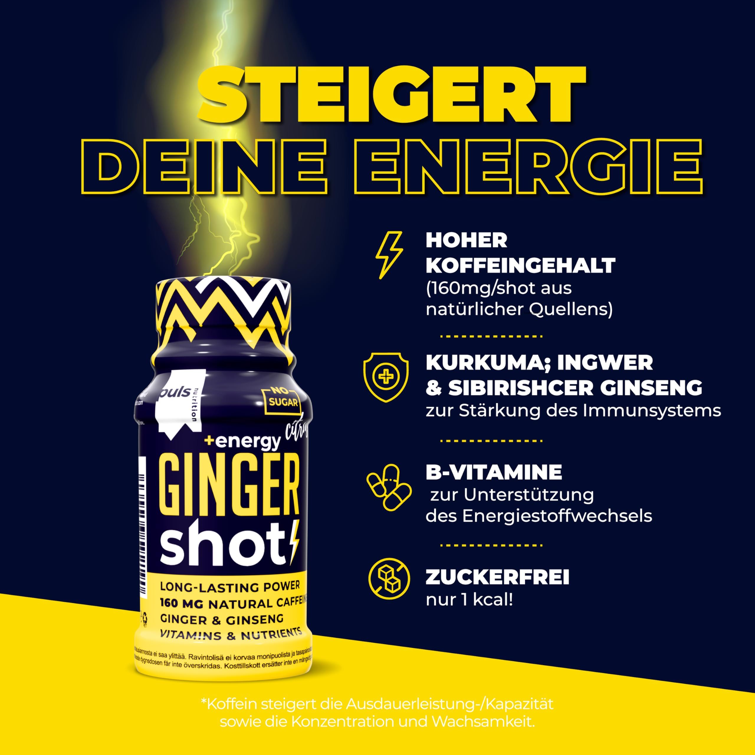 Shot energetico con zenzero, caffeina, curcuma e ginseng. Senza zuccheri, vegano.