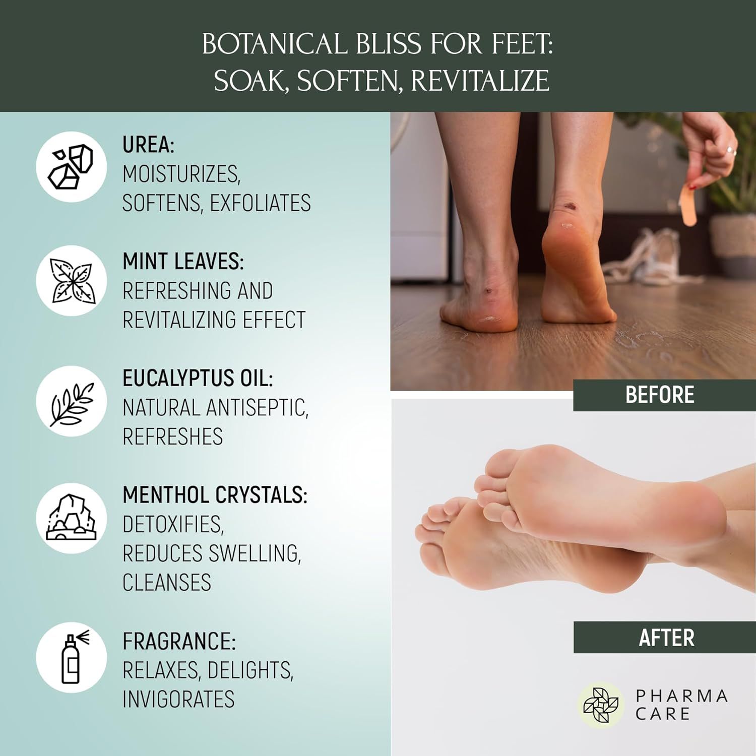 Confronto prima-dopo dei piedi. Ingredienti: Urea, foglie di menta, olio di eucalipto, cristalli di mentolo, profumo.