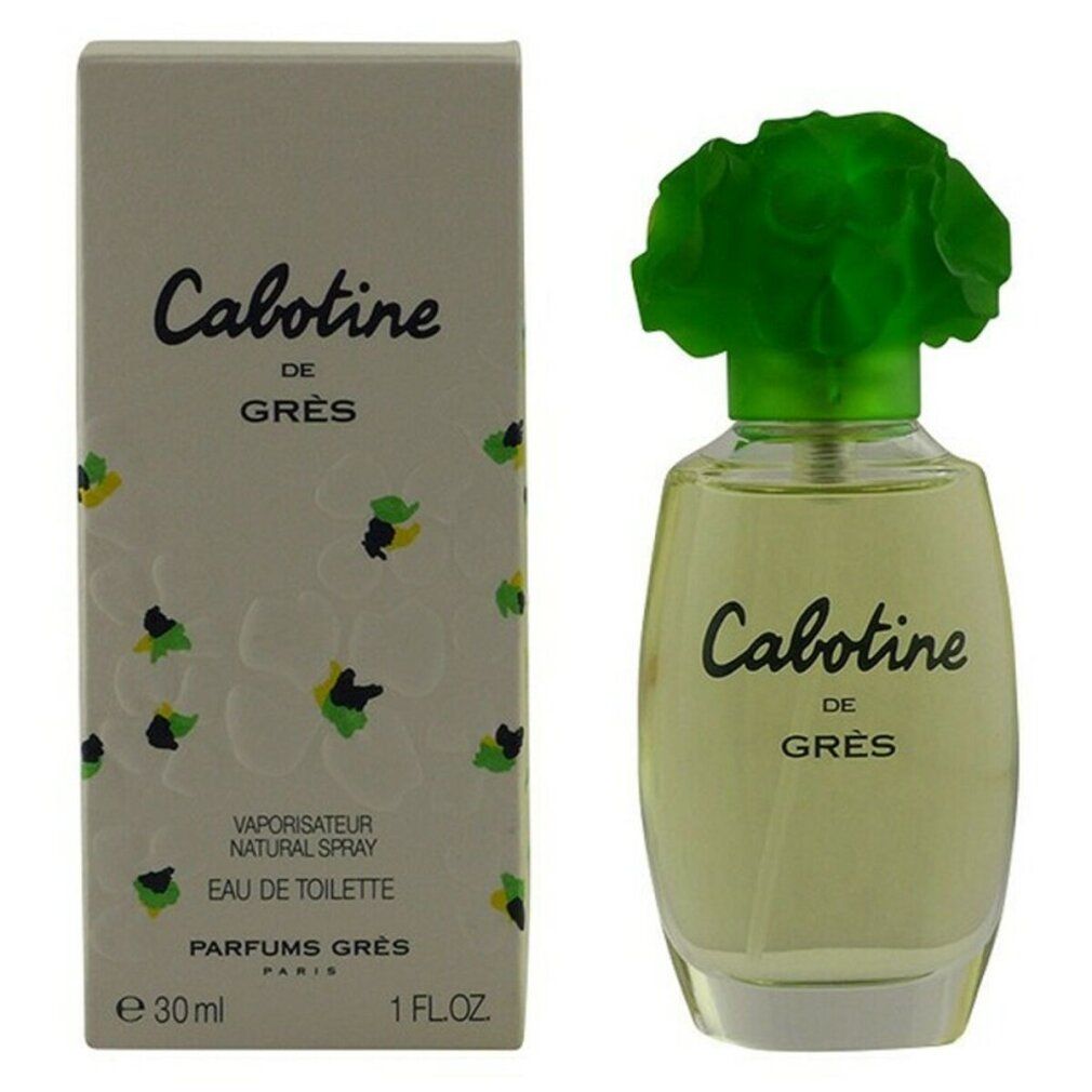 Flacone in vetro e scatola. Flacone con tappo verde a forma di fiore. Scatola con scritta: Cabotine de Grès.