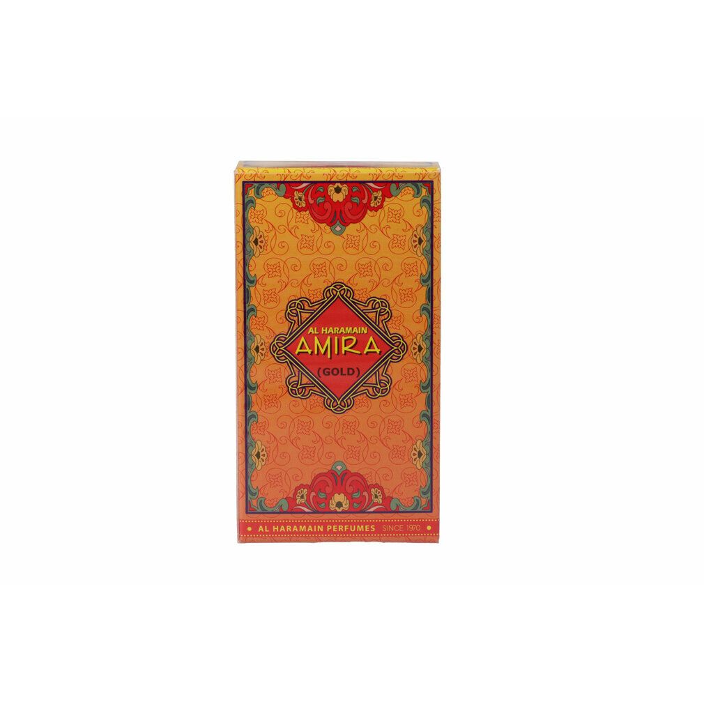 Confezione rettangolare con motivi floreali e scritta araba. Testo: Al Haramain, Amira (Gold).