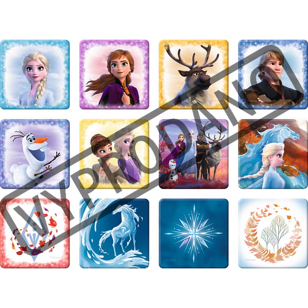 Gioco di memoria con carte quadrate. Mostra personaggi del film Frozen 2. Contiene 12 carte con immagini diverse.