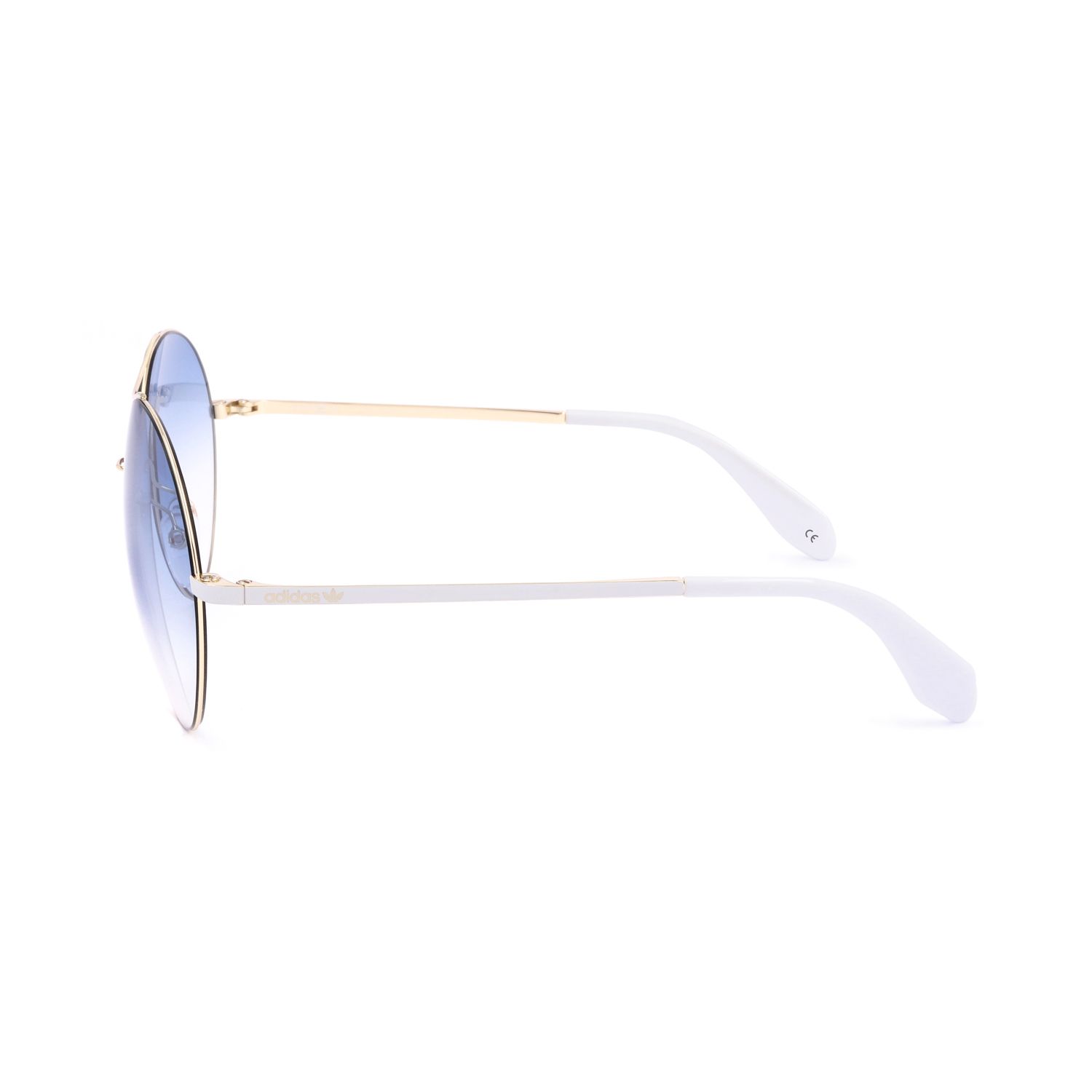 Occhiali da sole con montatura dorata e aste bianche, lenti blu.