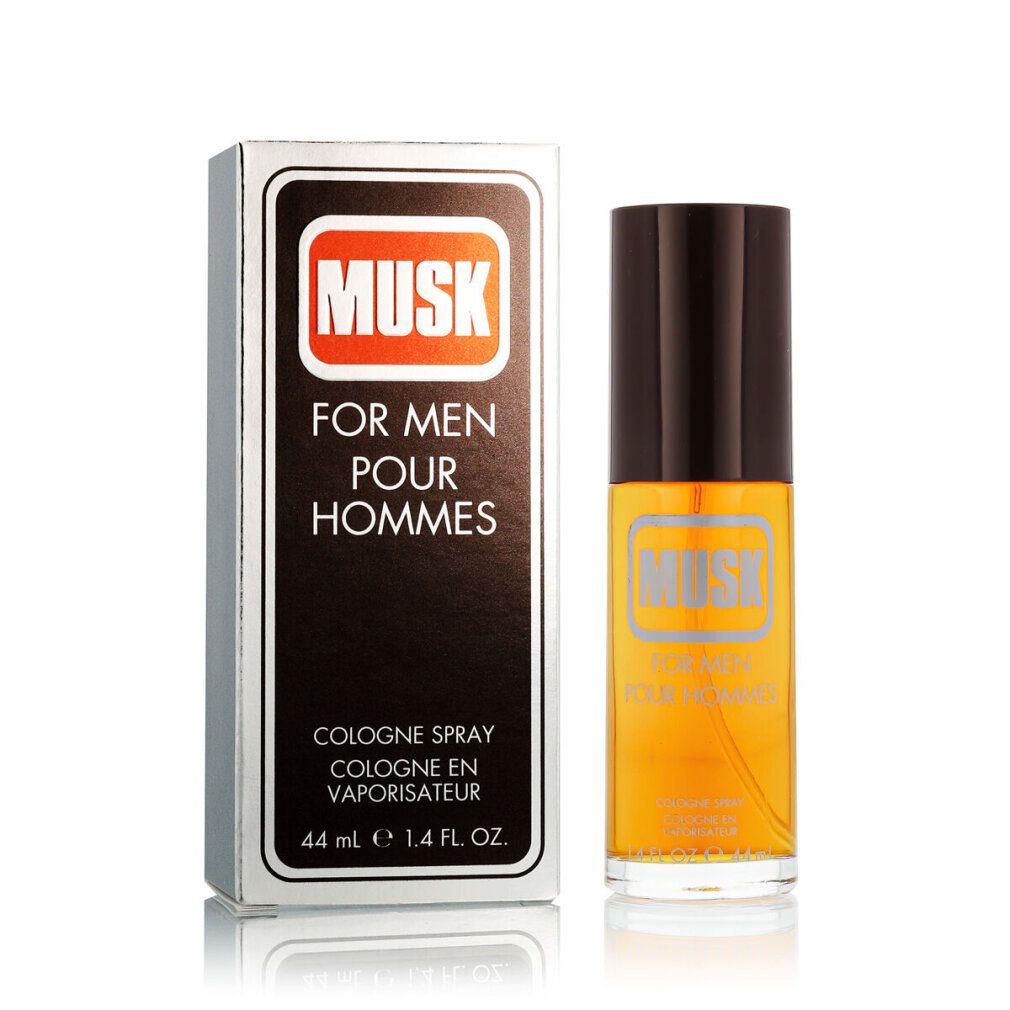 Coty Musk per uomo Eau de Cologne Spray. Flacone e confezione. Tappo marrone, liquido arancione. Testo: Musk, For Men, Cologne Spray.