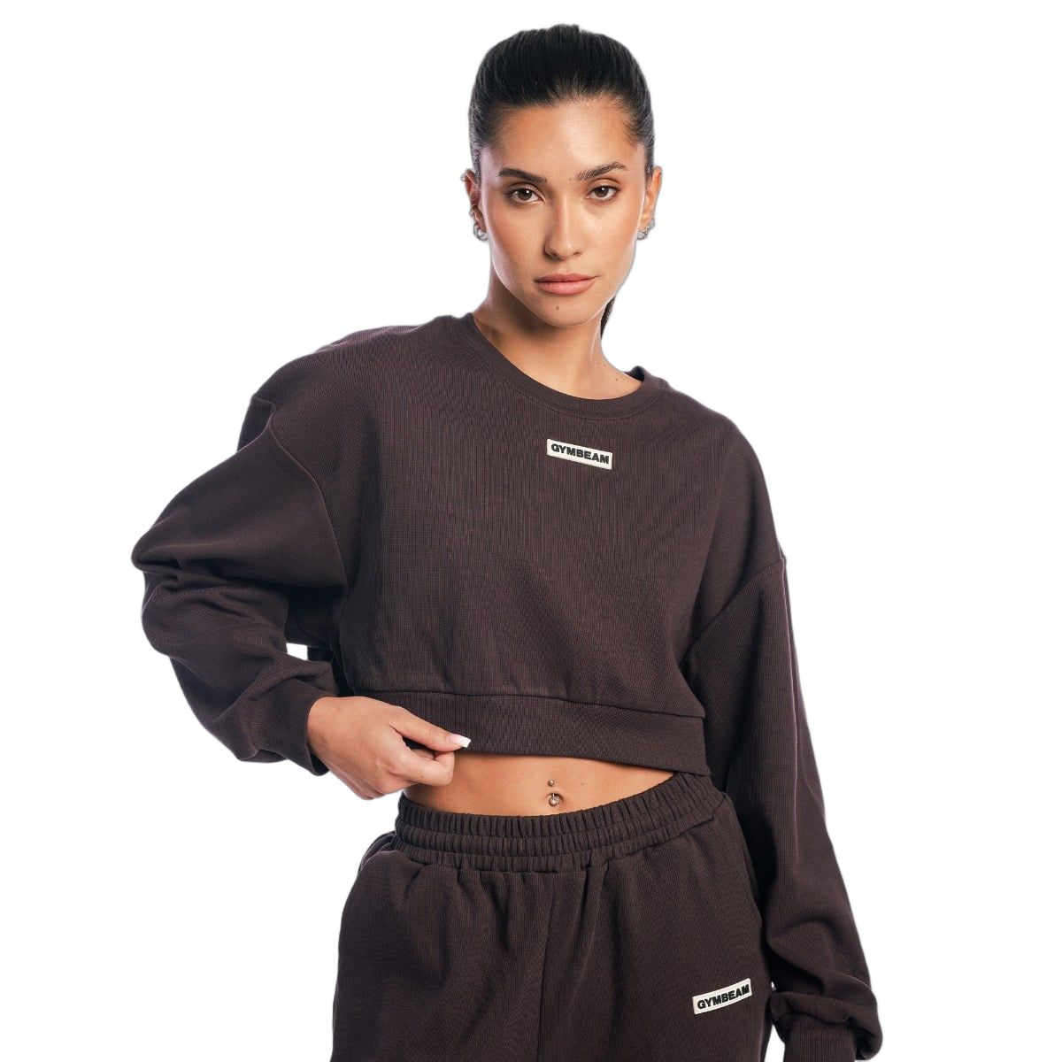 GymBeam Felpa donna cropped Aura marrone senza cappuccio a maniche lunghe