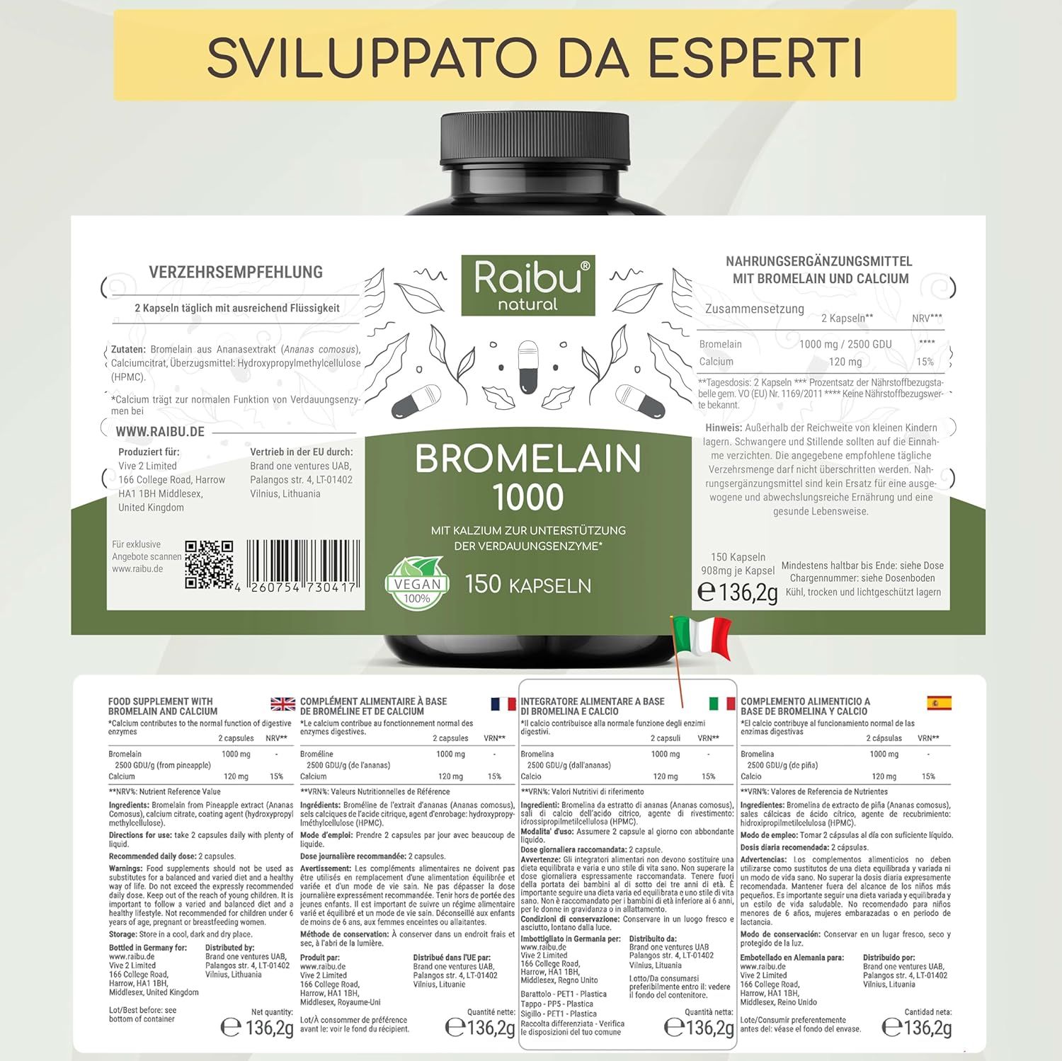 Etichetta del prodotto con testo. Contiene bromelina 1000, 150 capsule. Con calcio per supportare gli enzimi digestivi.