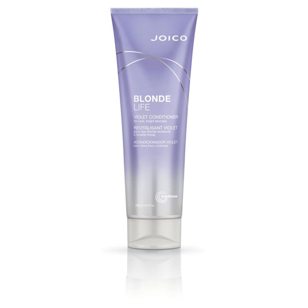 Conditioner viola in tubo. Marchio JOICO. Scritta Blonde Life. Nome del prodotto e ingredienti stampati.