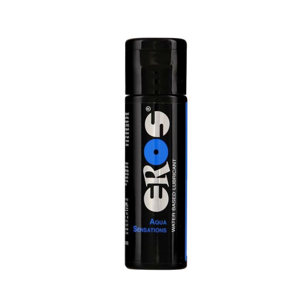 Flacone nero con etichetta blu. Scritta: EROS, Aqua Sensations, Water Based Lubricant.