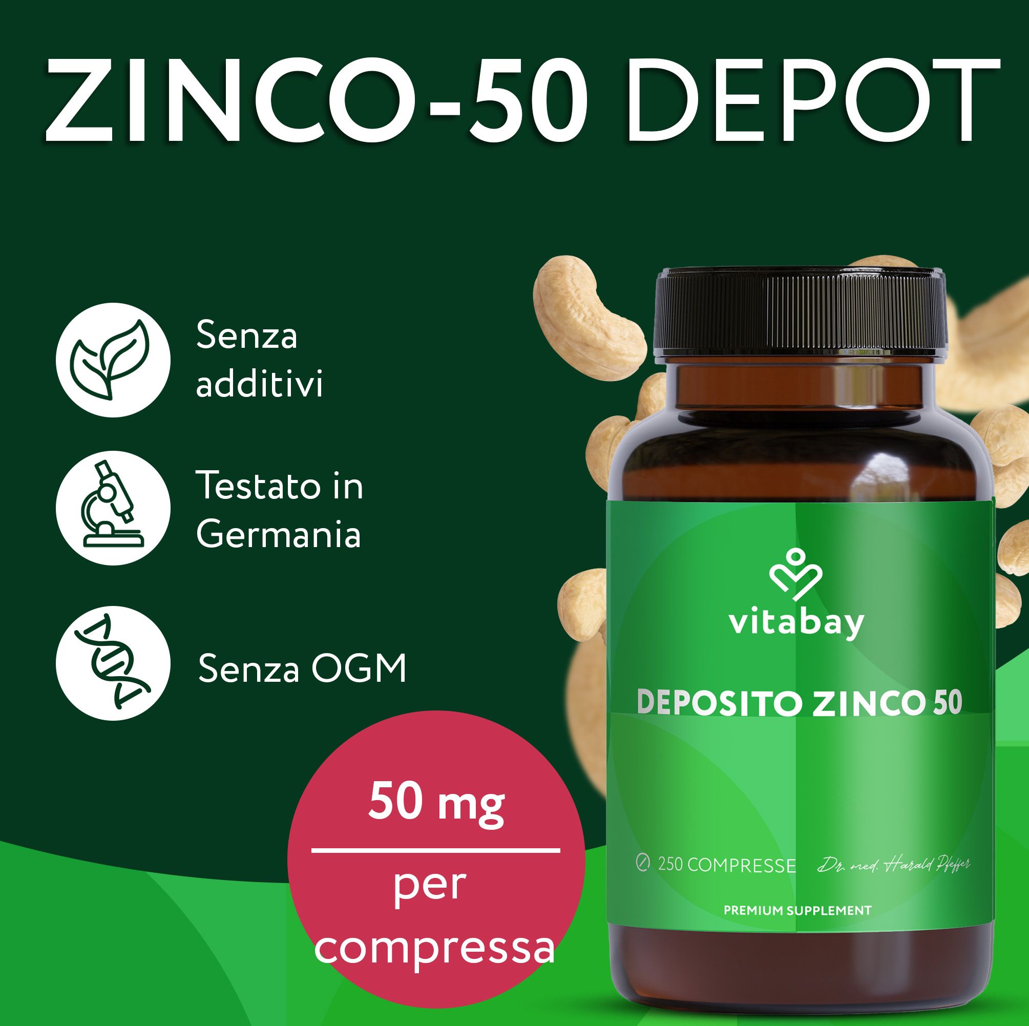 Vitabay Zink-50 Depot: Flacone da 250 compresse, 50 mg per compressa. Senza additivi, testato in Germania.