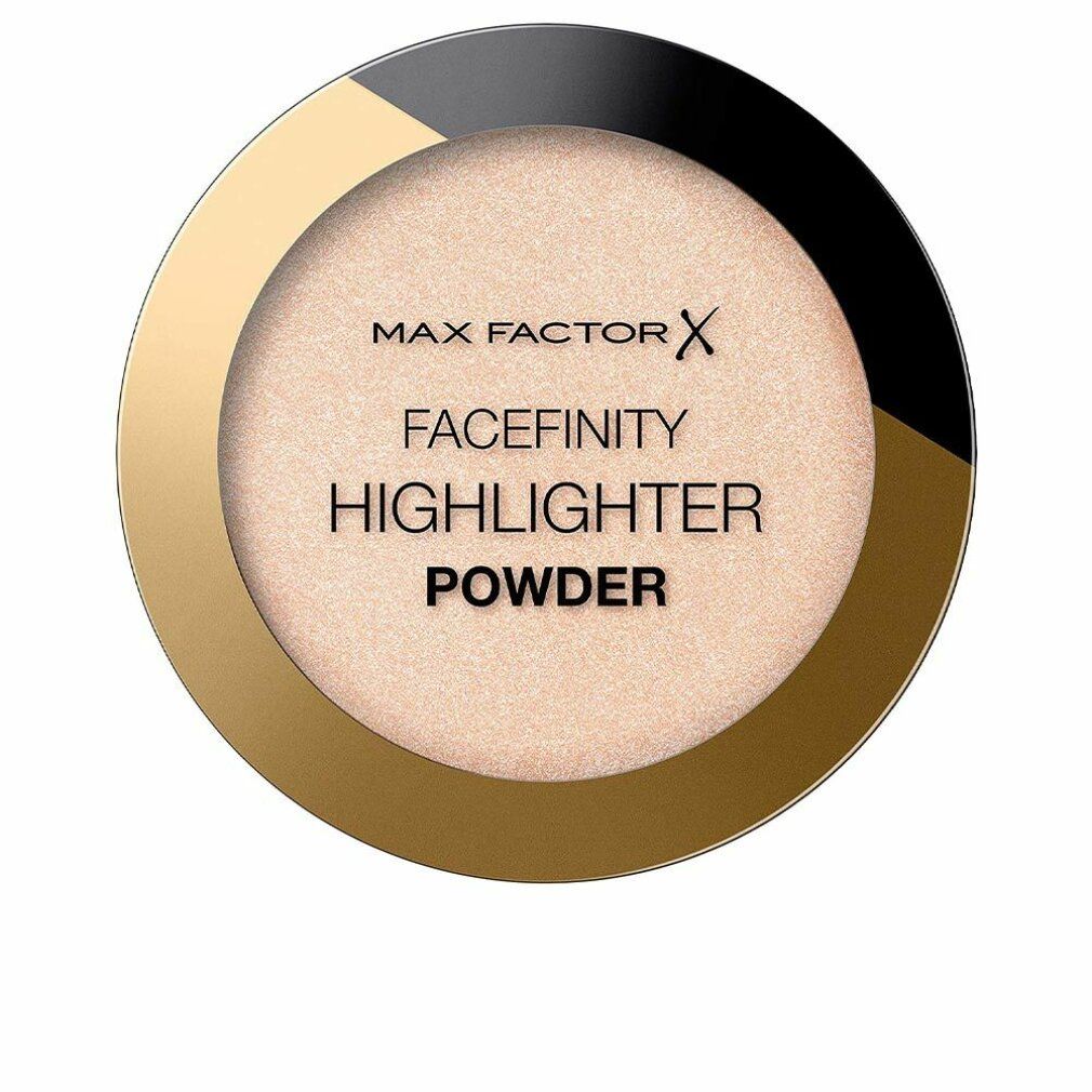 Contenitore rotondo di polvere illuminante. Bordo dorato, coperchio nero e oro. Testo: Max Factor Facefinity Highlighter Powder.