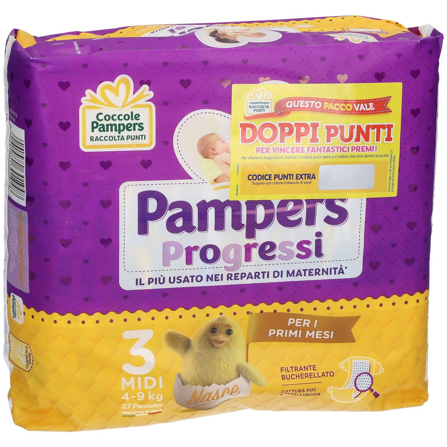 Confezione di pannolini Pampers Progressi. Fronte con nome, logo e coupon. Taglia: 4-9 kg.