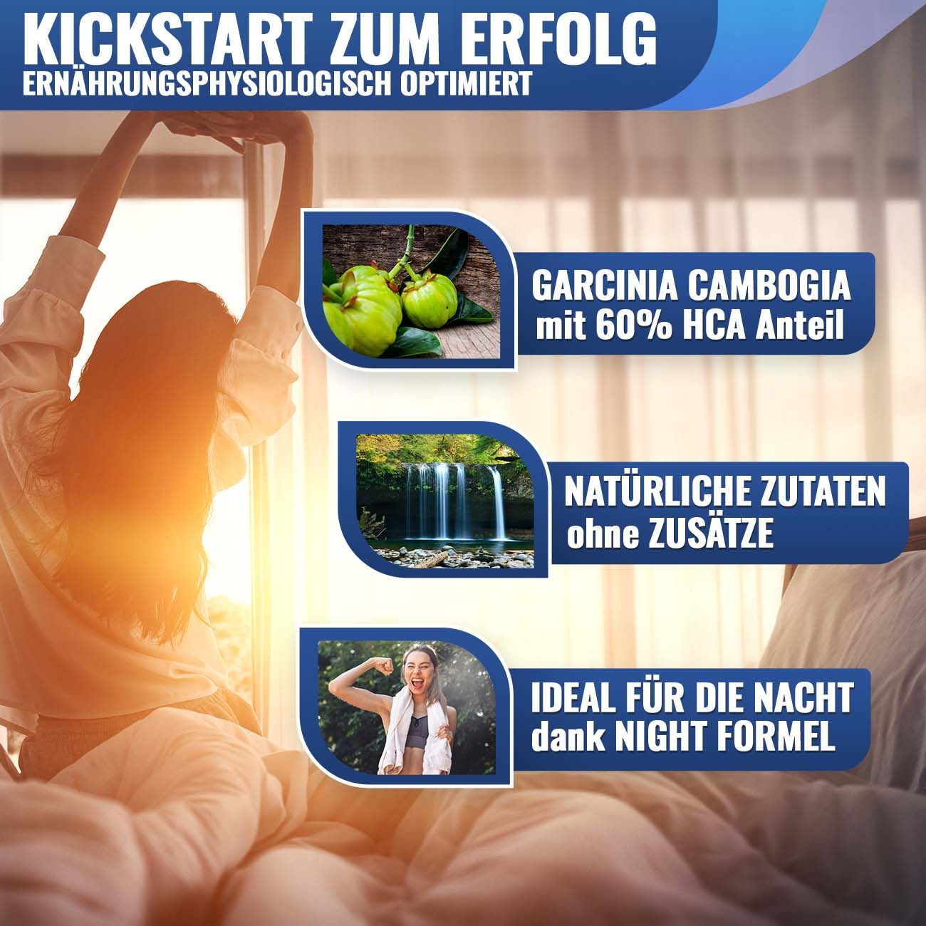 Donna che si allunga a letto. Grafici: Garcinia Cambogia, ingredienti naturali, formula notte. Testo: Inizia il successo.