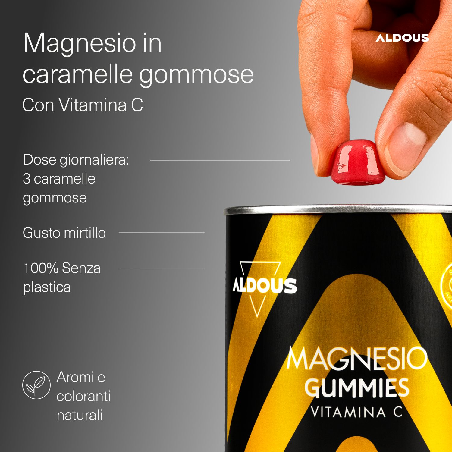 Aldous Magnesio Gummies: Magnesio e Vitamina C in caramelle gommose. Gusto mirtillo.