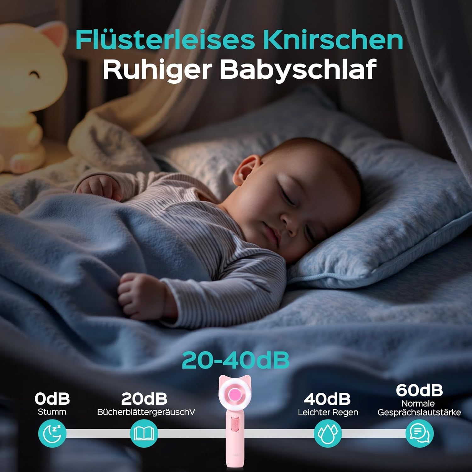 Bambino che dorme. Set manicure rosa con anello luminoso a LED. Livello di rumore: 20-40dB.