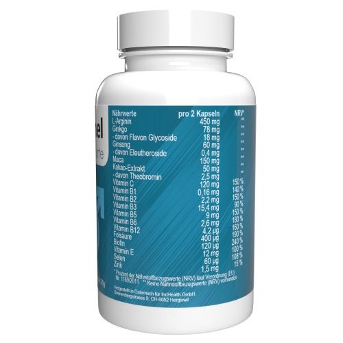 Flacone di capsule bianco con etichetta blu. Tabella nutrizionale in tedesco. Informazioni per 2 capsule.