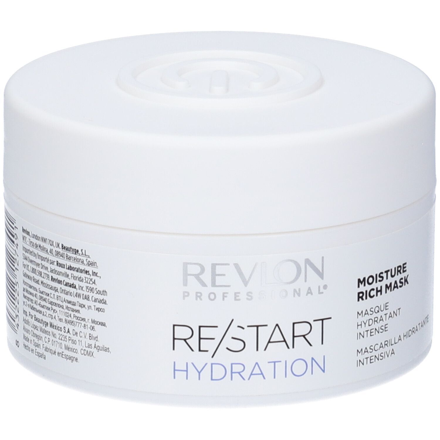 Vasetto bianco con coperchio. Scritta: RE/START HYDRATION, MOISTURE RICH MASK. Accenti blu.