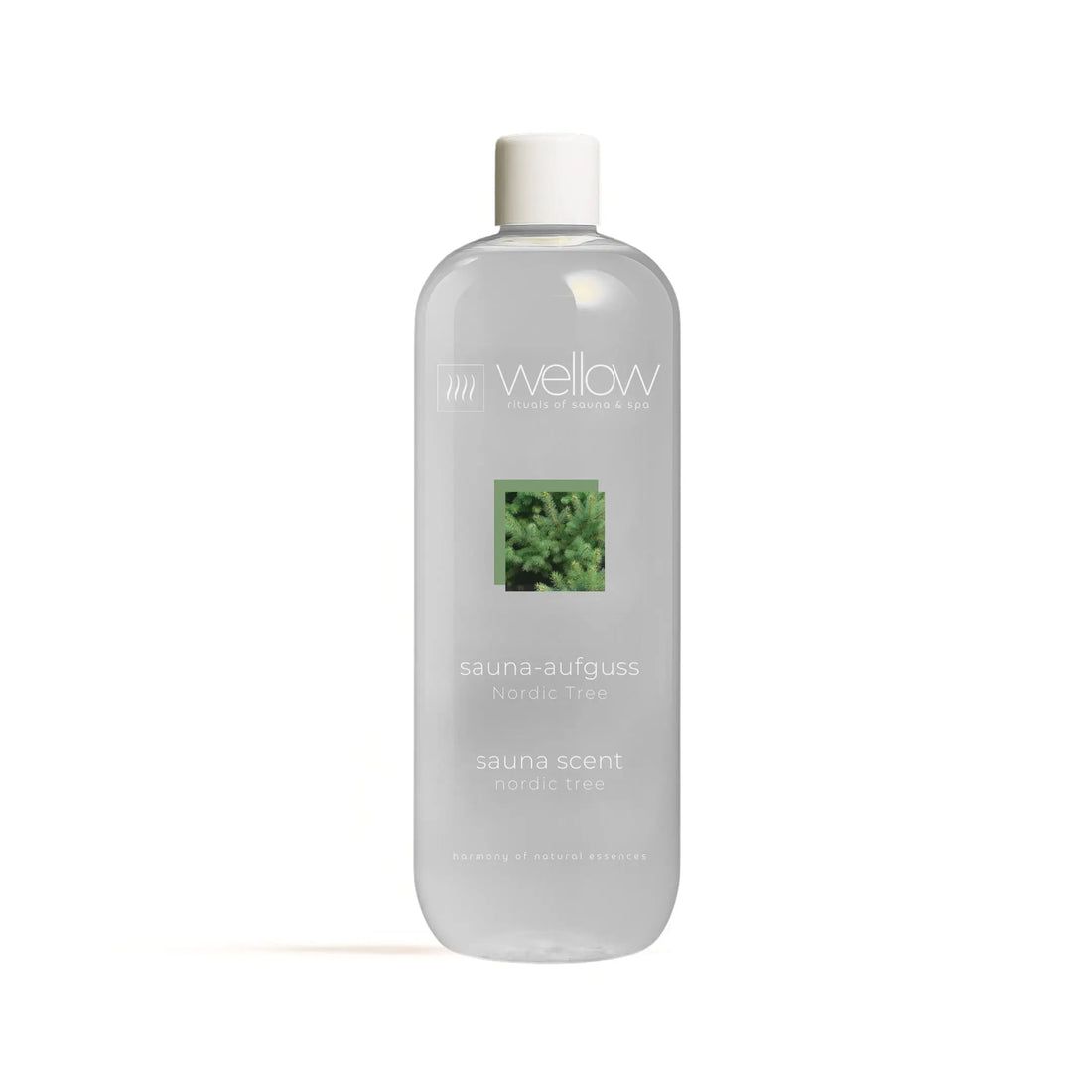 Flacone trasparente con tappo bianco. Stampa: Wellow, Sauna-Aufguss Nordic Tree, Sauna Scent Nordic Tree.