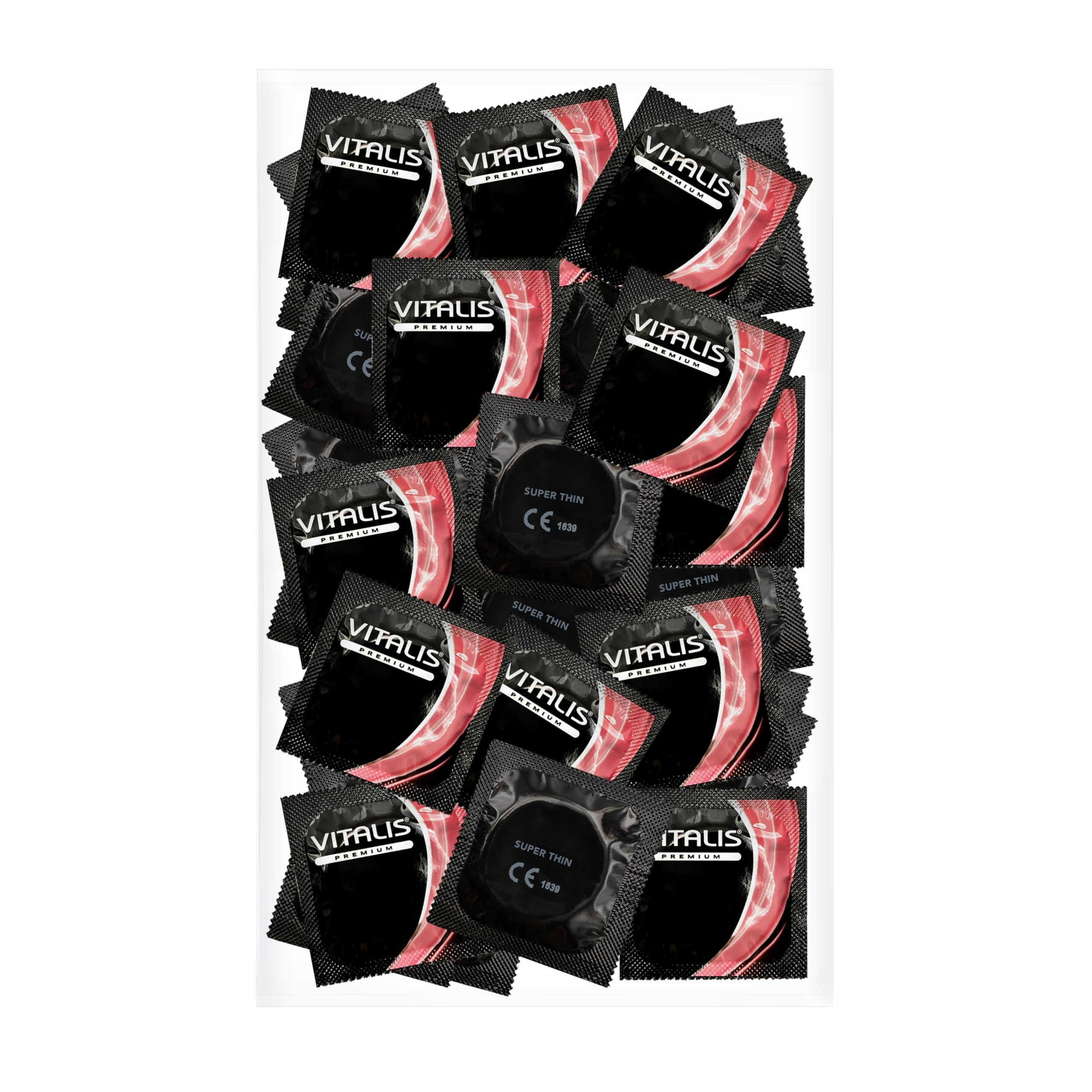 Preservativi Vitalis PREMIUM Super Thin, 100 pezzi. Confezionati singolarmente, trasparenti, lisci, con serbatoio.